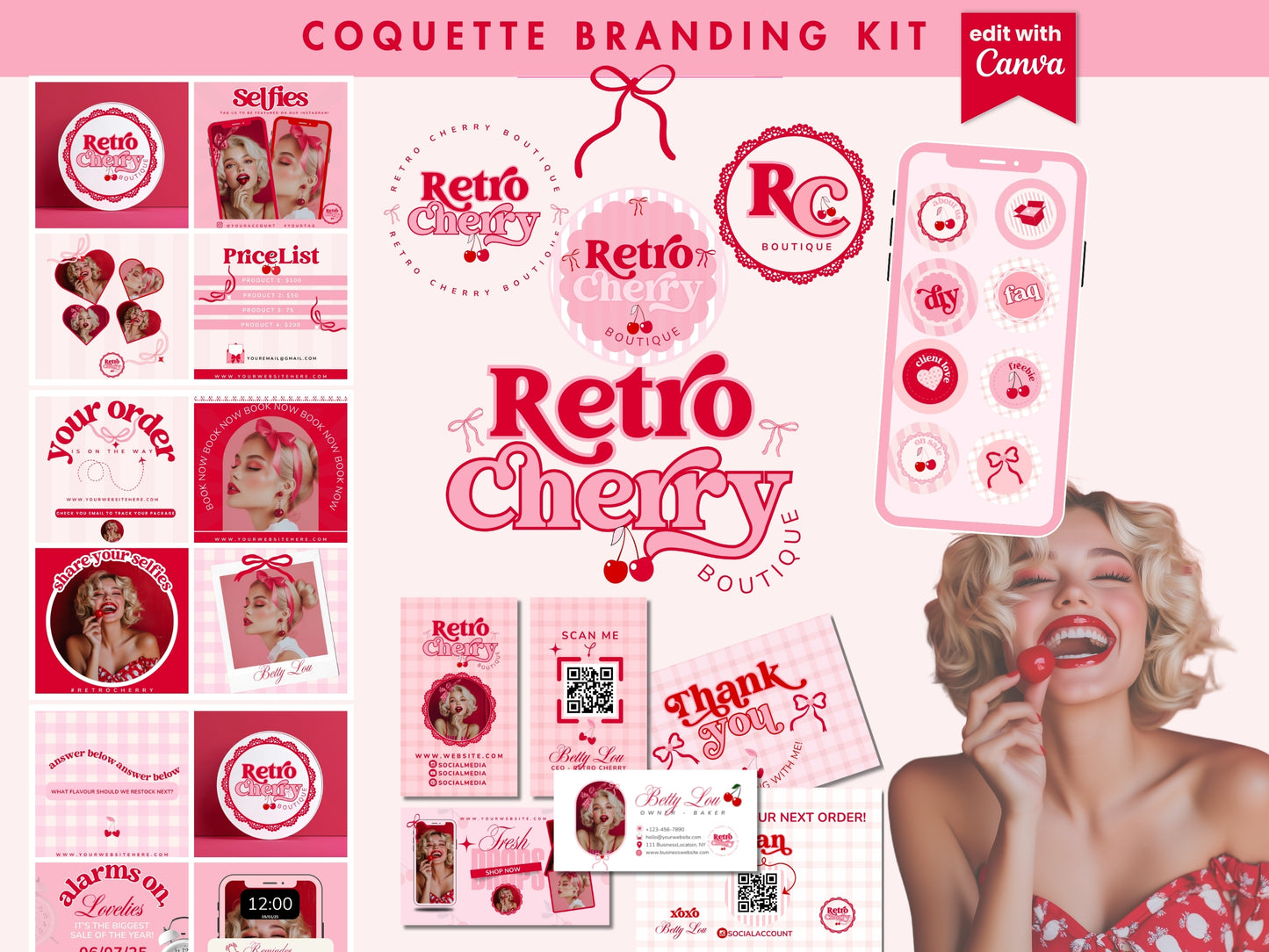 Coquette Aesthetic Branding Set - Editable with Canva