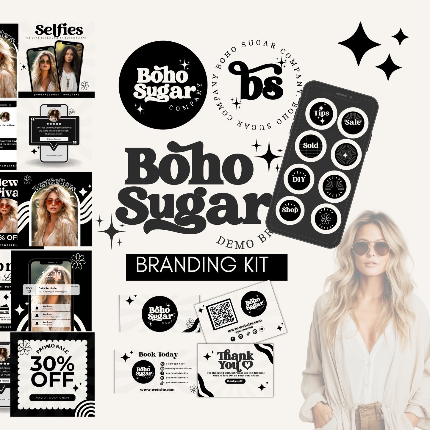 Boho Sugar Retro Branding Kit- Editable in Canva